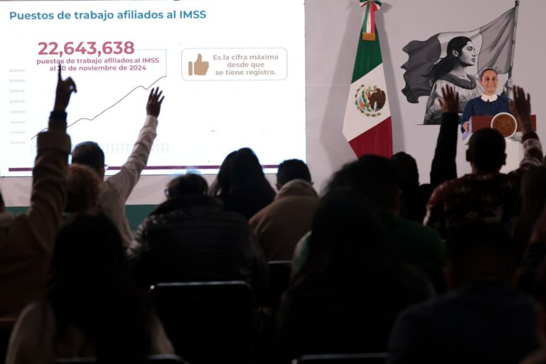 RESALTA SHEINBAUM CIFRA RÉCORD DE EMPLEO AFILIADO AL IMSS CON 22.6 MILLONES PUESTOS DE TRABAJO AL 30 DE NOVIEMBRE