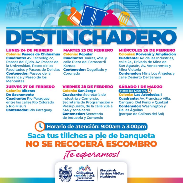 Estará Destilichadero en siete colonias del 24 de febrero al 1 de marzo