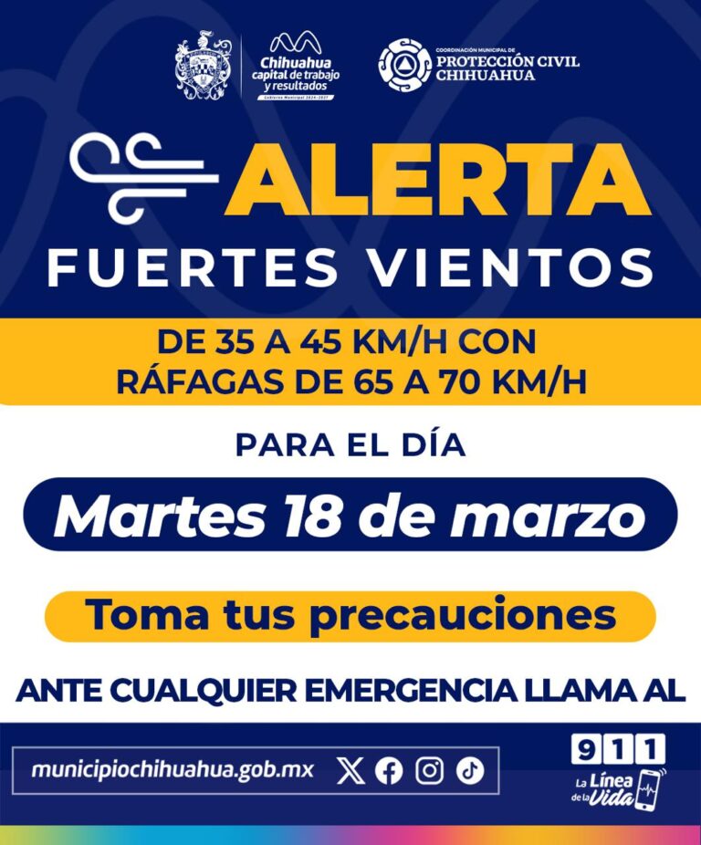 Alerta Protección Civil Municipal por ráfagas de viento para esta semana