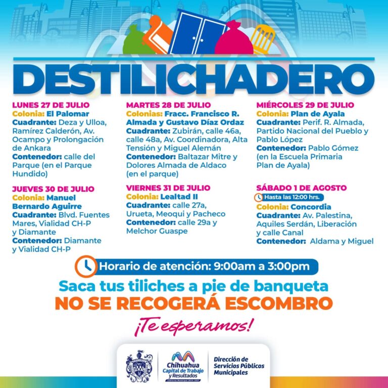 Estará Destilichadero en siete colonias del 27 de julio al 1 de agosto